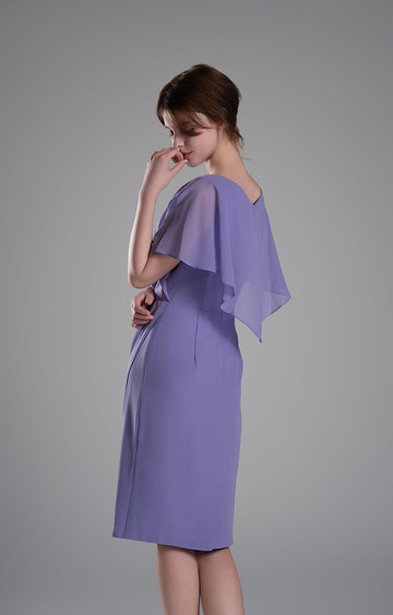 Elegant Chiffon Cocktail Dress V-Neck Pleated Cape Knee-length Flutter Sleeve Wedding Guest Dress with Ruched Waist