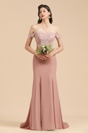 Mermaid Long Off the Shoulder Floral Lace Appliques Chiffon Floor length Bridesmaid Dress Evening Gown With Sweep / Brush Train
