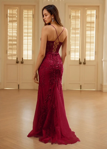 Vestido de Noche de Fiesta Formal Largo hasta el Suelo sin Mangas con Corsé de Sirena de Tul Bordado de Encaje