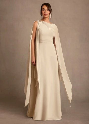 Sheath Asymmetric Neck Chiffon Floor Length Cape Sleeve Maxi Dress