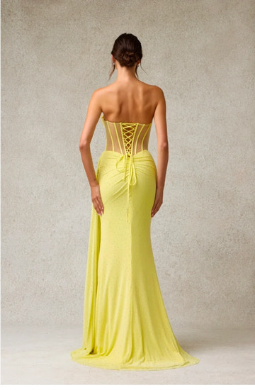 Rhinestone Embellished Mesh Corset Strapless Maxi Slit Prom Dress