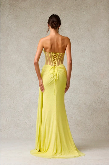 Rhinestone Embellished Mesh Corset Strapless Maxi Slit Prom Dress