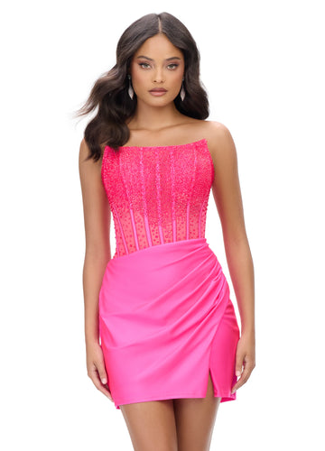 Rhinestone Strapless Corset Bodycon Scoop Neck Homecoming Dress with Slit