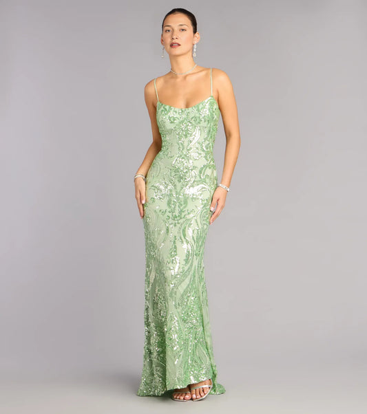 Mermaid Scoop Neck Spaghetti Strap Lace Up Evening Dress Floor Length Prom Gown