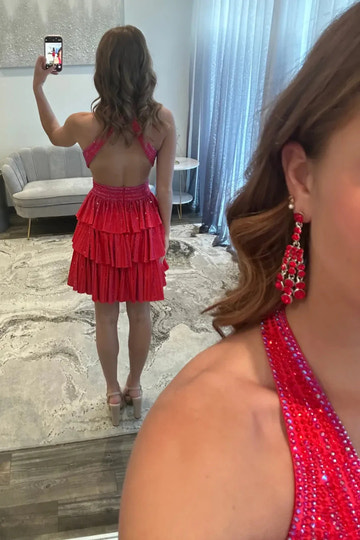 Rhinestone Pleated A-Line Halter Wrap Cutout Zip Back Tiered Mini Homecoming Dress