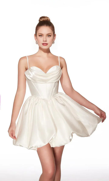 Romantic A-Line Cowl-Neck Satin Homecoming Dress Corset Bubble Mini Cocktail Dress