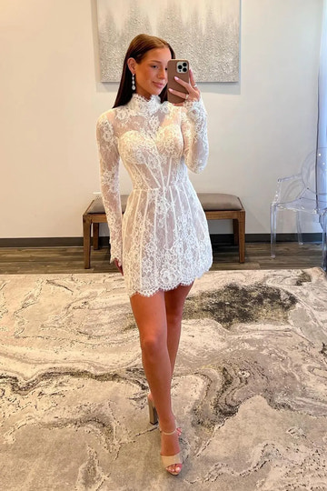 Romantic A-Line High-Neck Long-Sleeve Lace Homecoming Dress Mini Boned Party Dress