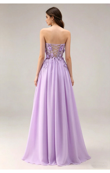 Vestido de fiesta largo de chifón con escote palabra de honor, corte en A y motivos florales 3D, romántico