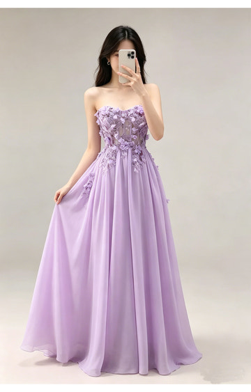 Vestido de fiesta largo de chifón con escote palabra de honor, corte en A y motivos florales 3D, romántico