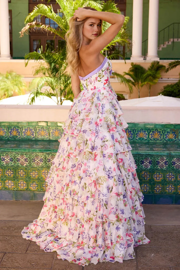 Romantic A Line Strapless Sleeveless Printed Chiffon Maxi Tiered Slit Prom Dress
