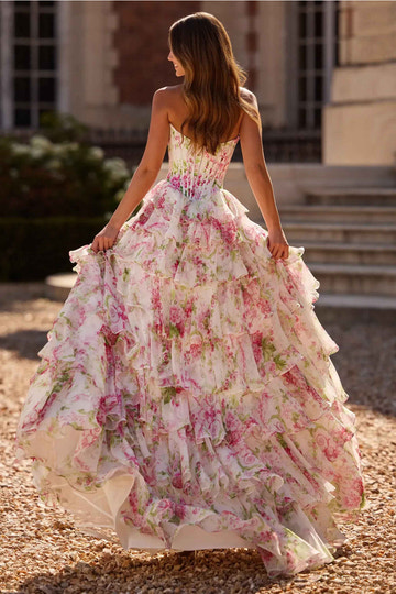 Romantic A-Line Strapless Sweetheart Floral Tiered Ruffle Maxi Prom Dress