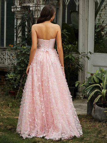 Romantic A-Line Strapless Sweetheart Tulle Butterflies Appliqued Ball Gown Formal Prom Dress