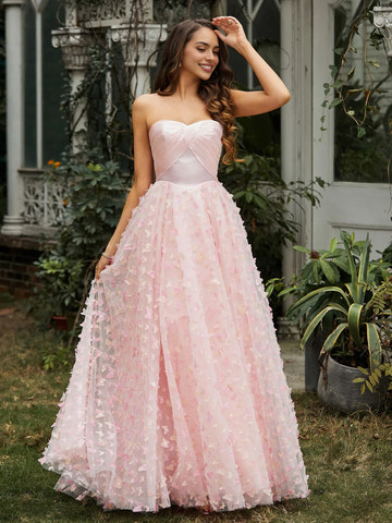Romantic A-Line Strapless Sweetheart Tulle Butterflies Appliqued Ball Gown Formal Prom Dress