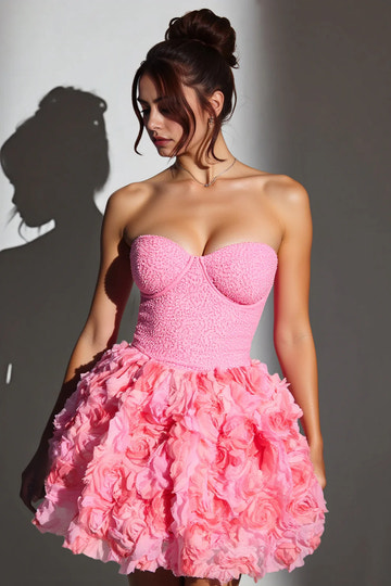 Romantic A-Line Strapless Textured Homecoming Dress with 3D Floral Skirt
