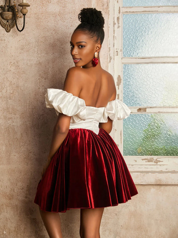Romantic A-Line Satin-Velvet Short Detachable-Sleeves Homecoming Dress