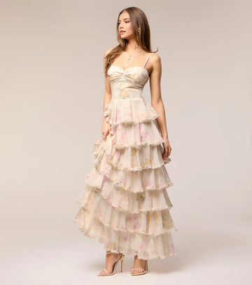 Romantic A-Line Sweetheart Sleeveless Chiffon Maxi Tiered Ruffled Prom Dress Lace-Up Garden Party Dress