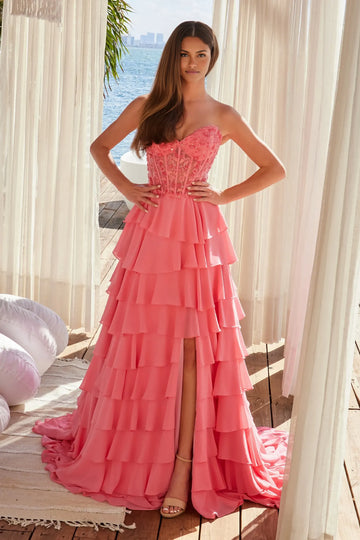 Romantic A-Line Sweetheart Strapless Chiffon Floor-Length Tiered Lace Evening Dress