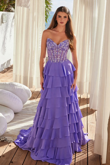 Romantic A-Line Sweetheart Strapless Chiffon Floor-Length Tiered Lace Evening Dress