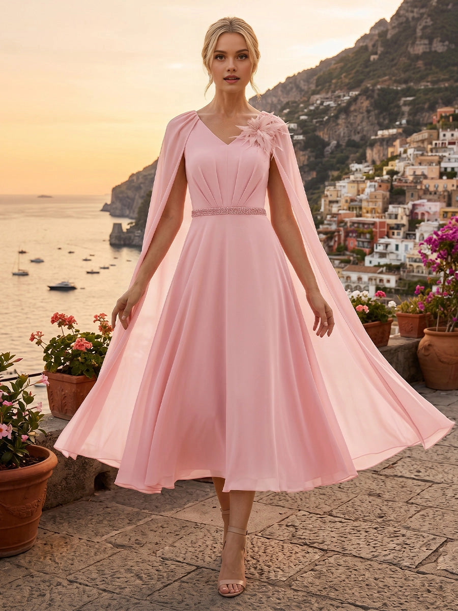 vedress blush pink plus size mother dress v neck cape sleeve 3d flower beaded waist chiffon a-line midi gown