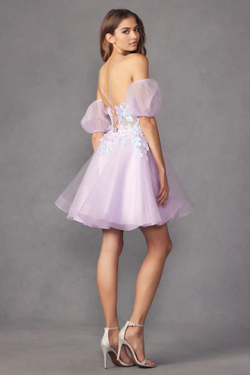 Romantic A-Line V-Neck Puff-Sleeve Tulle Short Lace-Up Homecoming Dress