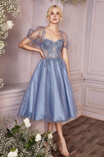 Romantic A-line Square Neck Puff Sleeve Glitter Tulle Midi Corset Lace Tea-Length Prom Gown