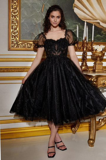 Romantic A-line Square Neck Puff Sleeve Glitter Tulle Midi Corset Lace Tea-Length Prom Gown