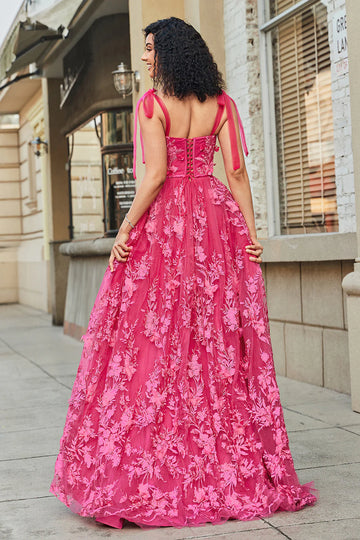 Romantic A-line Sweetheart TieStrap FloralTulle FloorSlit LaceUp Back Prom Dress