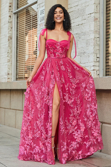 Romantic A-line Sweetheart TieStrap FloralTulle FloorSlit LaceUp Back Prom Dress