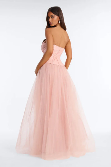 Romantic ALine Strapless Neck Tulle FloorLength Slit Corset Prom Dress