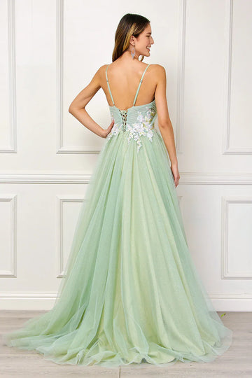 Romantic Ballgown Deep V Neck Sleeveless Tulle Long Floral Applique Prom Dress
