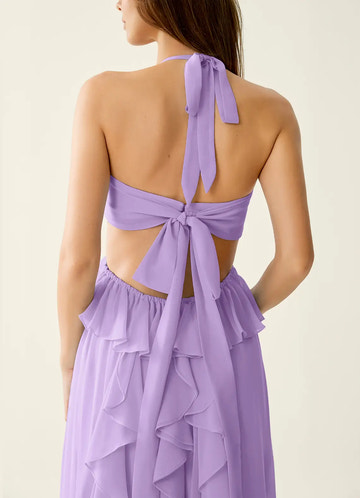 Romantic Flowy Halter Chiffon A-line Maxi Prom Dress with Ruffle Cutout Detail