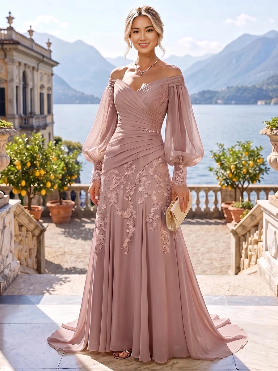 vedress dusty pink plus size mother dress off shoulder v neck puff sleeve lace applique mermaid sweep train chiffon gown