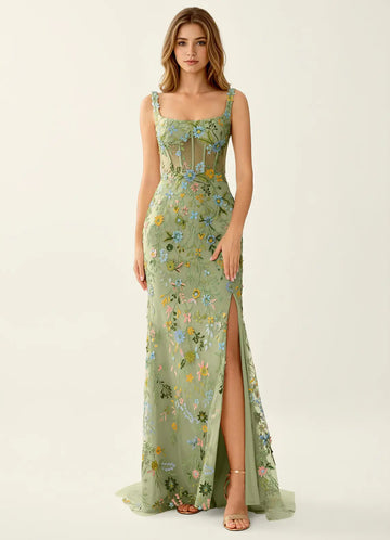 Romantic Mermaid Square Neck Tulle Maxi Prom Dress with Floral Embroidery
