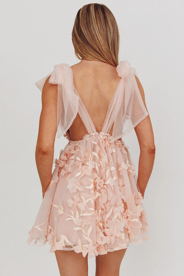 Romantic Cute A-line Plunge Neck Sleeveless Tulle Mini Party Dress With 3D Floral Appliqué