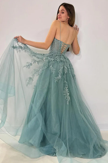 Romantic A-Line Sweetheart Neck Spaghetti Strap Beaded Lace Appliqué Corset Lace-Up Back Shimmer Tulle Floor-Length Evening Gown