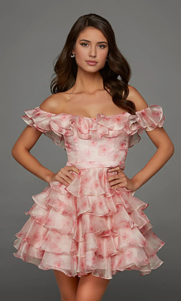 Romantic A Line Off Shoulder Short Organza Floral Printed Ruffle Mini Homecoming Dress