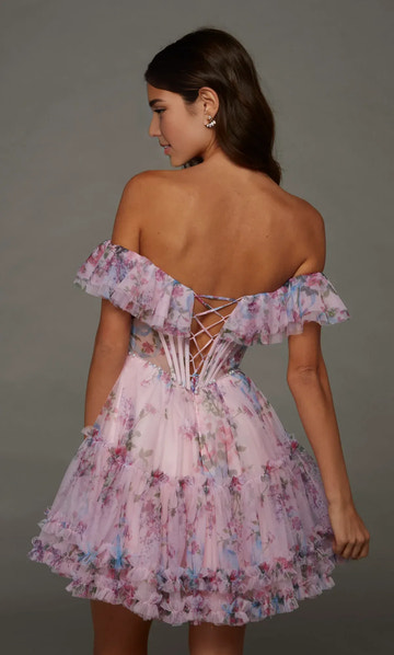 Romantic A Line Off Shoulder Sleeveless Tulle Floral Corset Ruffled Mini Homecoming Dress