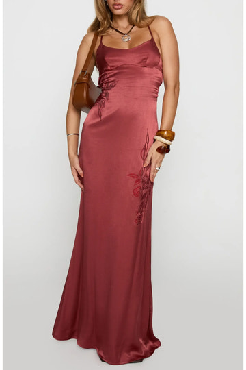 Romantic Mermaid Scoop Neck Adjustable Spaghetti Strap Satin Floral Embroidery Criss Cross Cutout Back Floor-Length Maxi Evening Dress