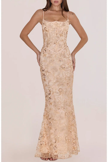 Romantic Mermaid Scoop Neck Thin Spaghetti Strap Floral Sequin Lace Boned Corset Lace-Up Back Floor-Length Maxi Evening Gown
