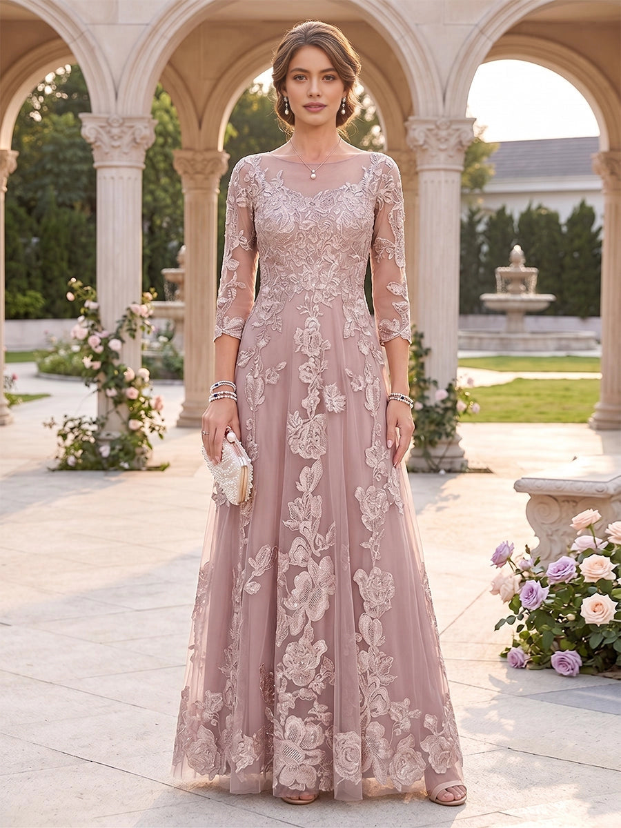 vedress blush pink a line floor length mother of the bride dress illusion round neck 3/4 lace sleeve floral applique gown