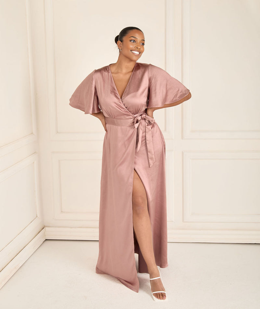 Elegant V-Neck Wrap Dress with Cape Sleeves High Slit Gown Bridesmaid Dresses Asymmetric Hem
