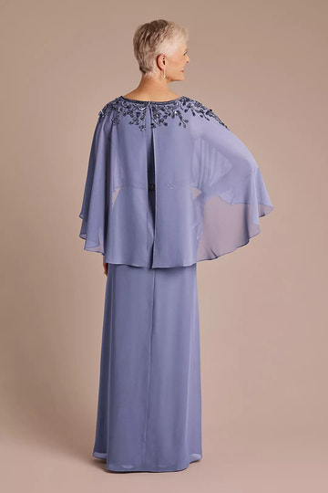 Elegant Round Neck Chiffon Mother of the Bride Dress Beaded Cape Evening Gown
