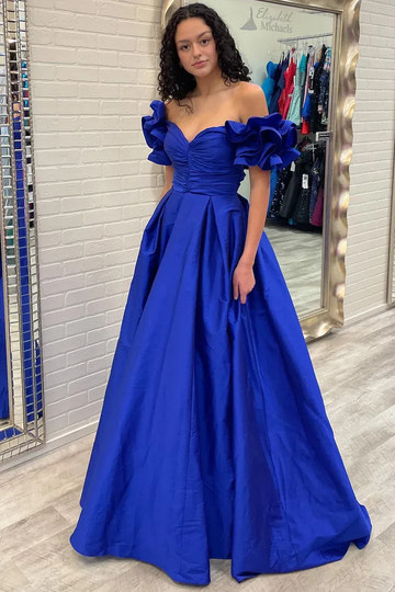 Vestido de fiesta maxi de satén azul rey con escote corazón, corte A, hombros descubiertos y sin espalda