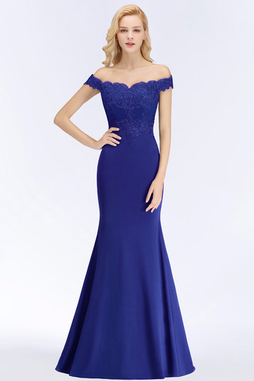 Mermaid Elegant Long Off The Shoulder Satin Appliques Lace Floor Length Bridesmaid Dresses Evening Gown