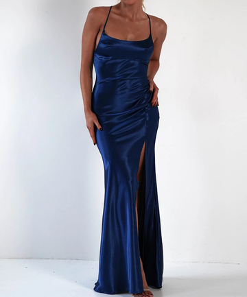 Sleek Sheath Cowl Neck Sleeveless Satin Lace-Up Back Prom Dress with Slit