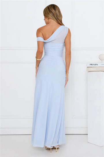 Ruched Mesh Asymmetric Neckline One Shoulder Maxi Wedding Guest Dress
