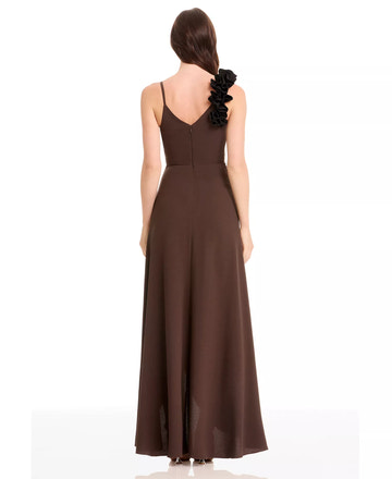 Ruffled Applique A-Line V-Neck Spaghetti Strap Maxi Evening Dress