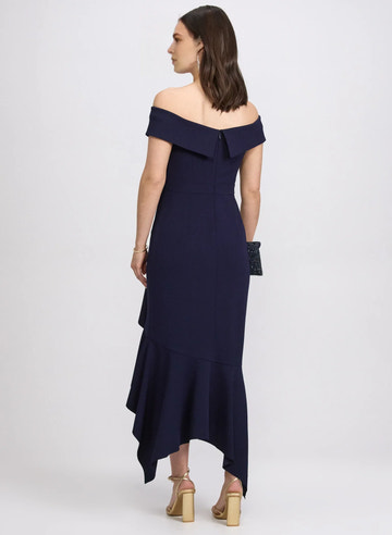 Ruffled Mermaid Off-Shoulder Crepe Wedding Guest Dress with Asymmetric Hem