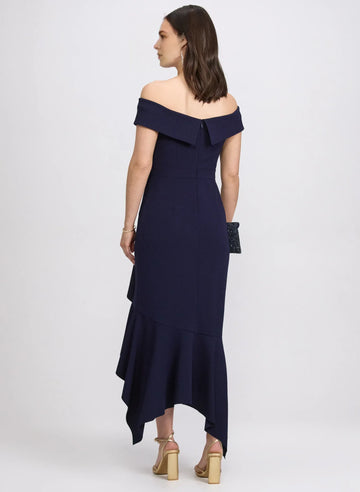 Ruffled Mermaid Off-Shoulder Crepe Wedding Guest Dress with Asymmetric Hem