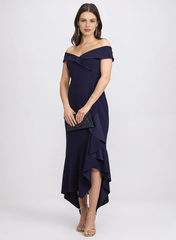 Ruffled Mermaid Off-Shoulder Crepe Wedding Guest Dress with Asymmetric Hem
